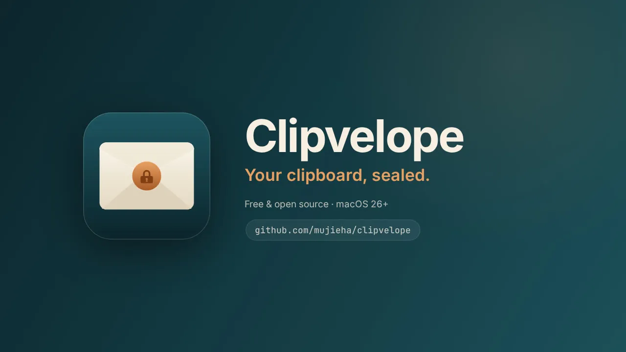 Clipvelope in 16 seconds: copied items fill the encrypted history, Control + Option + V opens it, typing filters it, Return copies an item back, then four privacy points