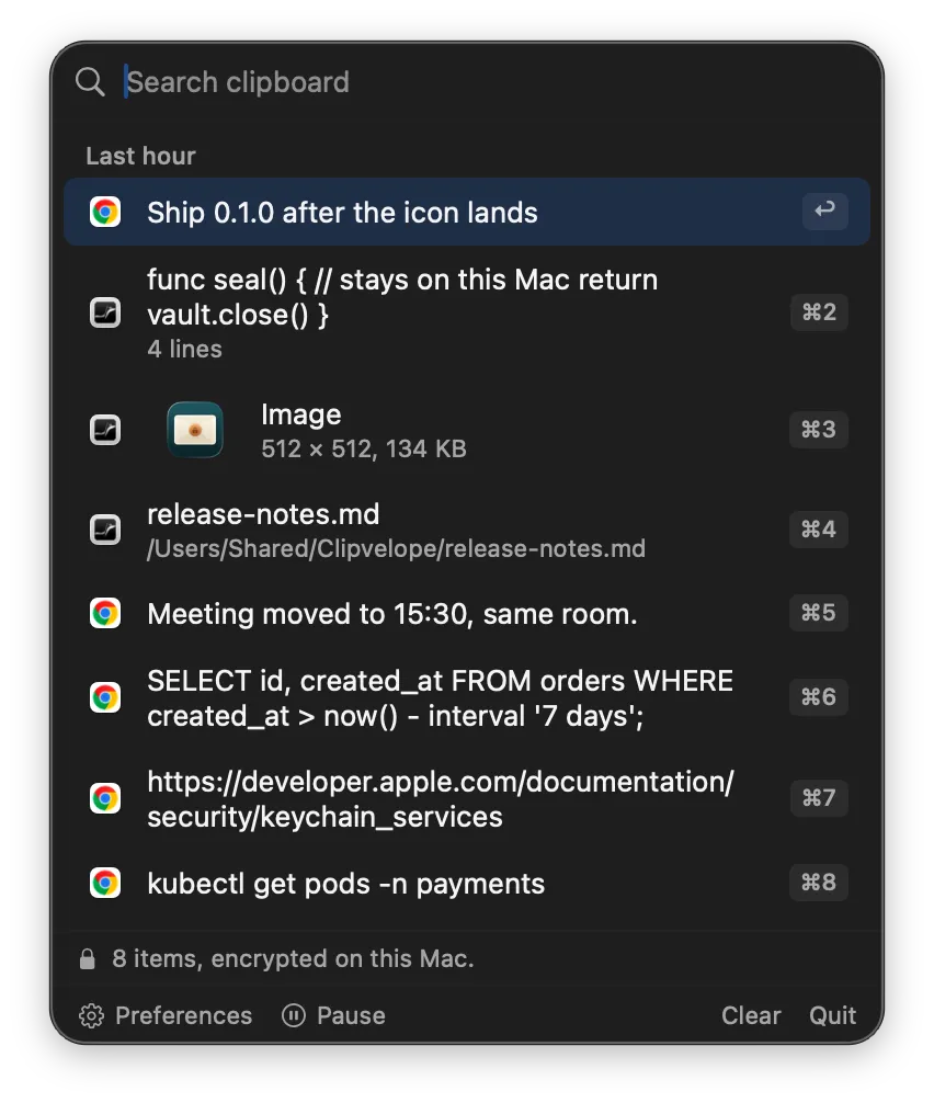 The history panel: recent items grouped by time, with keyboard shortcuts