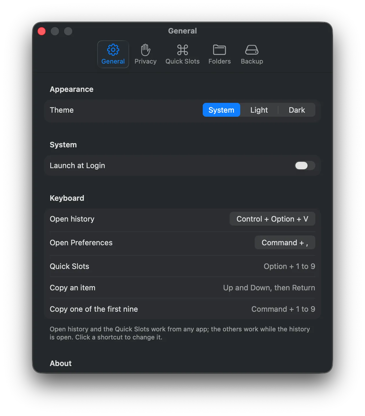 Preferences: theme, launch at login, and the keyboard shortcuts